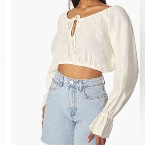 WeWoreWhat  ON/OFF SHOULDER TIE FRONT LINEN BLEND TOP